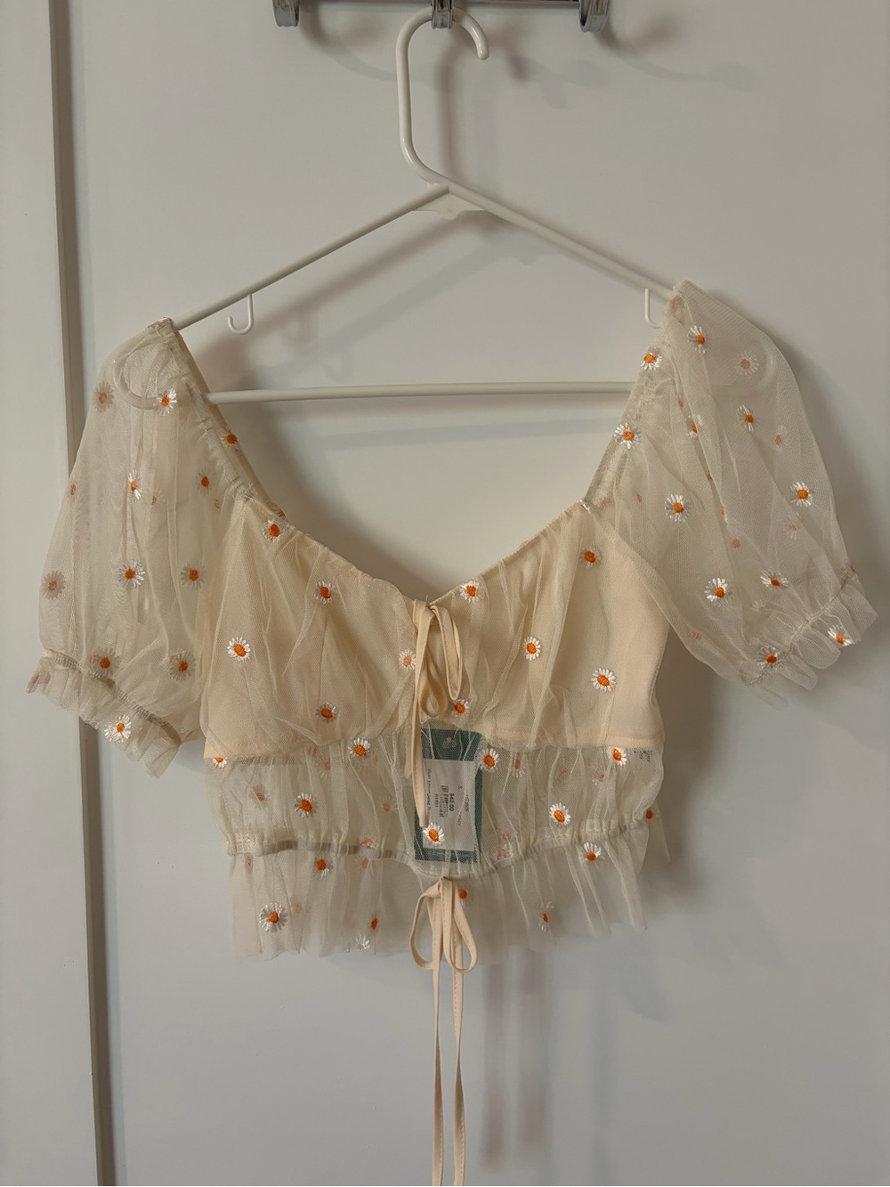 mahina Cream Sheer Daisy-Embroidered Tie-Front Crop Top